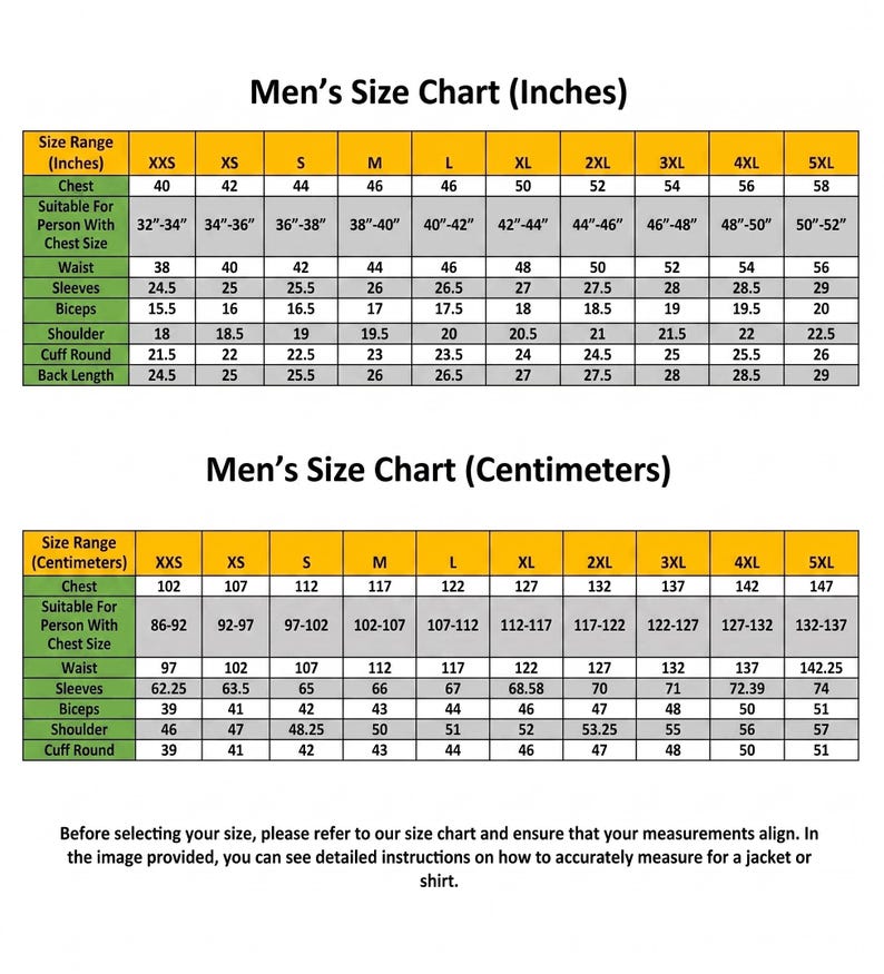 May include: A size chart table with two sections, one in inches and one in centimeters, displaying measurements for sizes XXS through 5XL. The chart includes rows for chest, waist, sleeves, biceps, shoulder, cuff round, and back length measurements.