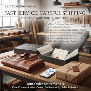 May include: A brown leather jacket, a black gift box with tissue paper and a note, a brown paper-wrapped package with a tag, and a smartphone on a wooden table. Text includes KamalLeatherWorks, FAST SERVICE. CAREFUL SHIPPING. and service details.