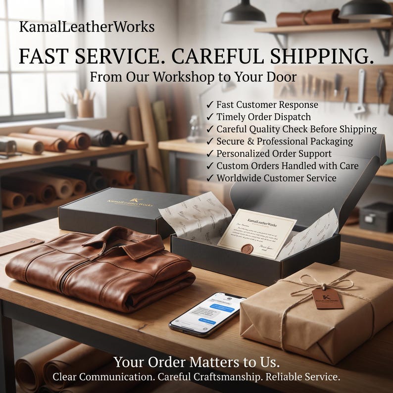 May include: A brown leather jacket, a black gift box with tissue paper and a note, a brown paper-wrapped package with a tag, and a smartphone on a wooden table. Text includes KamalLeatherWorks, FAST SERVICE. CAREFUL SHIPPING. and service details.