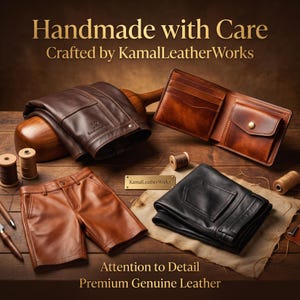 May include: A collection of leather goods including dark brown trousers, tan shorts, a black pair of trousers, and a bifold wallet with a coin pocket. The items are displayed with spools of thread and a metal plaque reading KamalLeatherWorks.