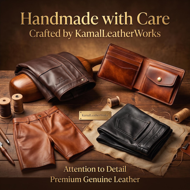May include: A collection of leather goods including dark brown trousers, tan shorts, a black pair of trousers, and a bifold wallet with a coin pocket. The items are displayed with spools of thread and a metal plaque reading KamalLeatherWorks.