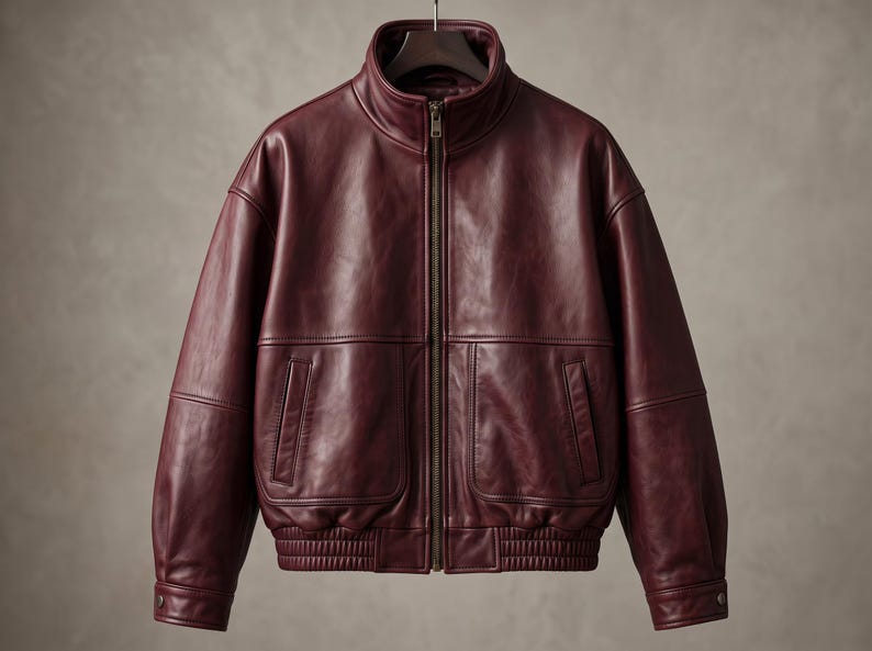 May include: A deep burgundy leather jacket featuring a high stand-up collar, a full-length front zipper, and two large front pockets with vertical openings. The jacket includes a ribbed hem and cuffs, with long sleeves and a smooth, polished finish.