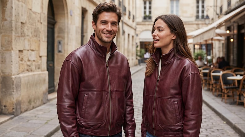 May include: A pair of matching burgundy leather jackets featuring a high collar, a full-length front zipper, and two side pockets. The jackets have a smooth finish, long sleeves with ribbed cuffs, and a ribbed hemline, providing a structured fit.