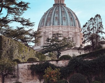 May include: A photograph of St. Peter's Basilica in Vatican City, featuring a large dome with a detailed architectural design. The image includes a garden with trees, shrubs, and a terracotta pot with a small tree, all under a clear blue sky.