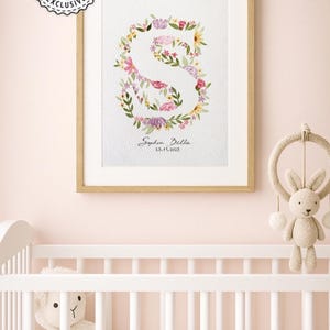 Acuarela 100 % pintada a mano (A4), flores con nombre y letra de bebé personalizadas, regalo personalizado para mamá, obra de arte hecha a mano para el nacimiento, decoración para la habitación del bebé
