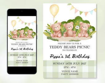 Teddybär Picknick Einladung zum Geburtstag: Grünes Canva Template