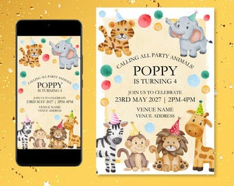 May include: A colorful invitation for a child's birthday party. The invitation features a watercolor illustration of animals wearing party hats. The text on the invitation reads "Calling all party animals! Poppy is turning 4. Join us to celebrate 23rd May 2027 | 2PM-4PM. Venue Name. Venue Address."