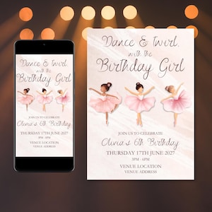 Ballerina Birthday Invitation Instant Download Birthday Customisable Girl Ballet Dance Theme Birthday Invitation Editable Canva Template