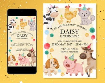 Calling All Party Animals Customisable Editable Digital Farm Animal Themed Template