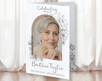 May include: A memorial card with a photo of a woman, framed by a brown arch and floral line art. The text "Celebrating the Life of Beatrice Taylor" is displayed, along with the dates 19th March 1954 - 14th September 2027.