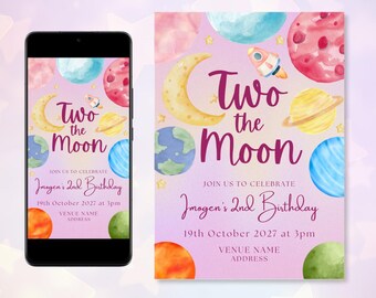 Two the Moon Birthday Invitation: Pink Outer Space, Girl 2nd Birthday (Canva Template)