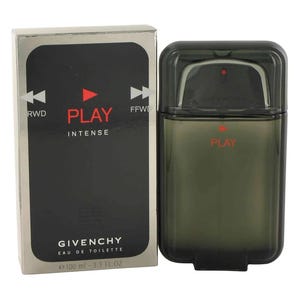 May include: A black and silver bottle of Givenchy Play Intense Eau de Toilette. The bottle is 3.3 fluid ounces and has a black cap with a red play button.
