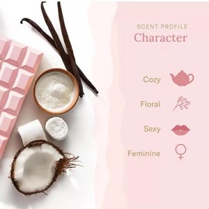 Puede incluir: Imagen en tonos rosados con una tableta de chocolate, vainas de vainilla, un peque&ntilde;o cuenco con sustancia blanca, malvaviscos y media coco. Se muestra el texto "SCENT PROFILE Character", junto con las palabras "Cozy", "Floral", "Sexy" y "Feminine".