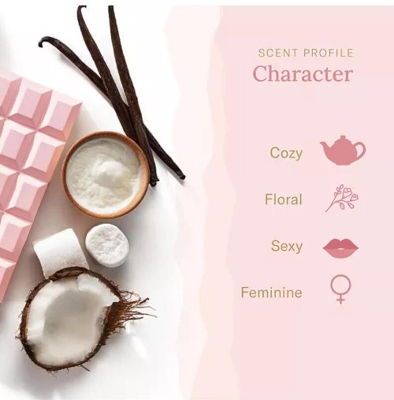 Puede incluir: Imagen en tonos rosados con una tableta de chocolate, vainas de vainilla, un peque&ntilde;o cuenco con sustancia blanca, malvaviscos y media coco. Se muestra el texto "SCENT PROFILE Character", junto con las palabras "Cozy", "Floral", "Sexy" y "Feminine".