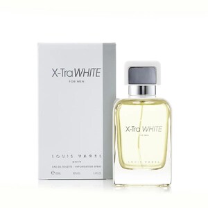 May include: A white bottle of X-Tra White cologne by Louis Varel. The bottle is rectangular with a silver cap and a clear glass body. The label on the bottle says "X-Tra White" and "Louis Varel". The bottle is sitting on a white surface.