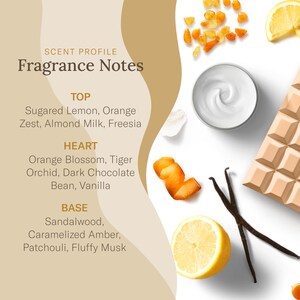 May include: A white background with a scent profile graphic and various ingredients. The graphic reads "Fragrance Notes" and lists top, heart, and base notes. Ingredients include lemon, orange zest, vanilla beans, and a bar of white chocolate.