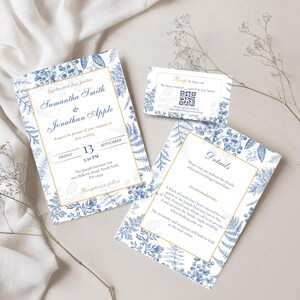Elegant Blue Floral Wedding Invitations