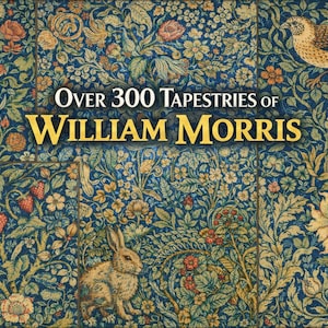 Può includere: Un arazzo con sfondo blu scuro e un motivo ripetuto di fiori, uccelli e un coniglio. Il testo "OVER 300 TAPESTRIES OF WILLIAM MORRIS" è visualizzato in lettere dorate.