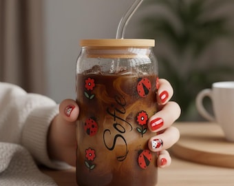 Bicchiere con sorseggiatore a forma di coccinella / Opzione nome personalizzato