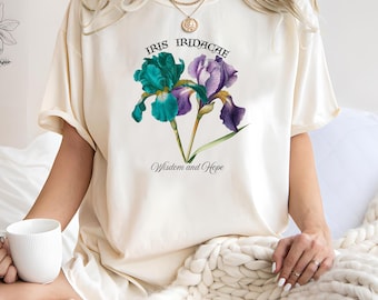 Maglietta floreale Iris: arte botanica vintage, maglietta in morbido cotone