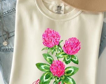 Camiseta floral de trébol rosa con ilustración botánica