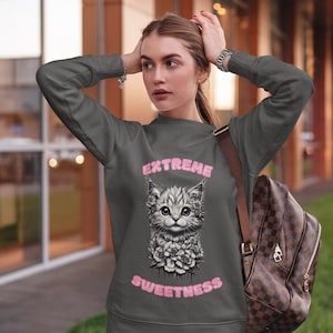 Sudadera de cuello redondo con diseño de gato extremadamente dulce, regalo acogedor para amantes de los gatos, ideal para cumpleaños, suéter de gato kawaii - Suéter estético de gato
