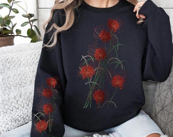 Felpa nera oversize Red Spider Lily: fiori di memoria e passione