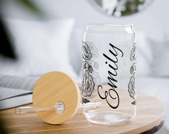 Bicchiere con sorseggiatore floreale - Opzione nome personalizzato