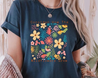 Camiseta con estampado de flores silvestres bohemias: camiseta de algodón con colores cómodos de estilo cottagecore