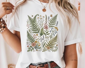 Camiseta Comfort Colors® Vintage con estampado de helechos, camiseta botánica de flores silvestres, camiseta floral estilo cottagecore, regalo para amantes de la naturaleza y el jardín, arte vegetal retro.