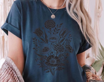 Boho Floral Graphic T-Shirt, Soft Cotton Unisex Tee