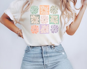 Retro Boho Floral Tee: Checkered Flower Comfort Colors Shirt