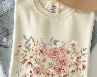 Boho Wildflower Cotton T-Shirt –  Neutral Vintage Flowers
