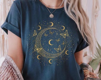 Golden Crescent Mond Phasen T-Shirt | Himmlische Boho Astrologie Tee