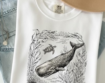 Maglietta con illustrazione di capodoglio e vita marina / Stampa vintage dell'oceano