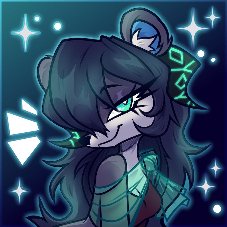 May include: Digital illustration of a stylized anthropomorphic character with dark hair, teal eyes, and a teal and black headpiece. The character is set against a dark blue background with glowing stars and geometric shapes.