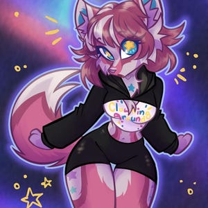 May include: Digital illustration of a cartoon fox-like character with pink and white fur, wearing a black hoodie and shorts. The character has large eyes and is surrounded by stars and a colorful background. The shirt says "Clownin Around".