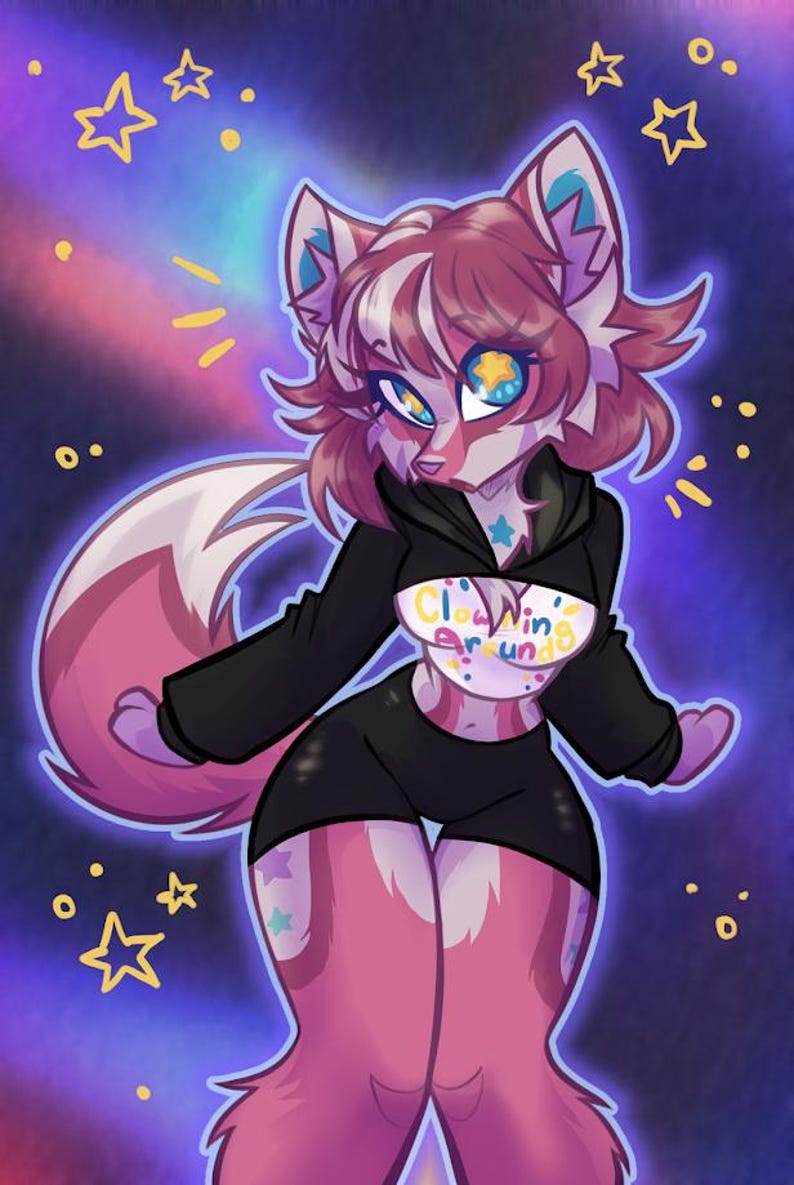 May include: Digital illustration of a cartoon fox-like character with pink and white fur, wearing a black hoodie and shorts. The character has large eyes and is surrounded by stars and a colorful background. The shirt says "Clownin Around".