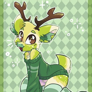 May include: Illustration of a cartoon deer-like creature in a kneeling pose. The creature has brown antlers, large brown eyes, and is wearing a green sweater and striped green socks. The background is a green diamond pattern with the text "Art by ZugarZtrings".