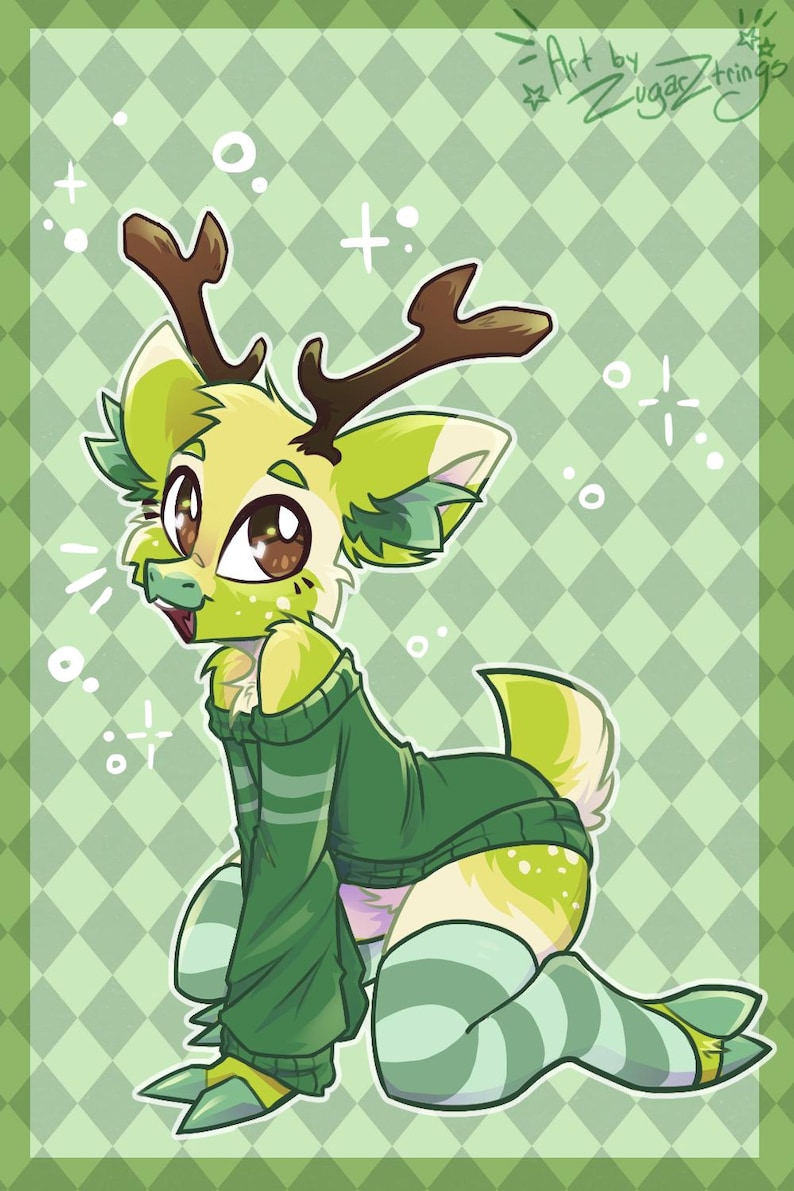 May include: Illustration of a cartoon deer-like creature in a kneeling pose. The creature has brown antlers, large brown eyes, and is wearing a green sweater and striped green socks. The background is a green diamond pattern with the text "Art by ZugarZtrings".