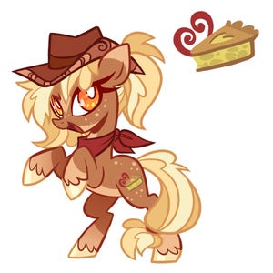 K&ouml;nnte beinhalten: Ein Cartoon-Pony mit hellbraunem Fell, blonder M&auml;hne und Schweif, das einen braunen Cowboyhut und ein rotes Halstuch tr&auml;gt. Das Pony hat orangefarbene Augen und ein Abzeichen auf der Flanke, das ein St&uuml;ck Kuchen mit rotem Wirbel zeigt.