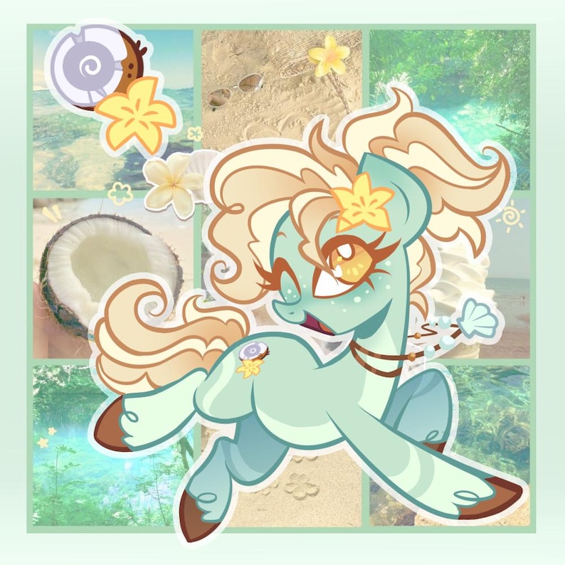 K&ouml;nnte beinhalten: Eine digitale Illustration eines hellen minzgr&uuml;nen Ponys mit einer welligen cremefarbenen M&auml;hne und einem Schweif. Das Pony hat ein Sch&ouml;nheitsfleck-Motiv aus einer Kokosnuss und einer gelben Blume, eine braune Halskette mit Perlen und einen Muschelanh&auml;nger.