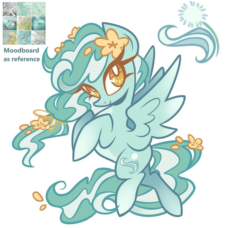 K&ouml;nnte beinhalten: Eine digitale Illustration eines hellen minzgr&uuml;nen gefl&uuml;gelten Ponys mit flie&szlig;endem Haar, das mit gelben Blumen geschm&uuml;ckt ist. Das Pony hat gro&szlig;e bernsteinfarbene Augen, ein sternf&ouml;rmiges Abzeichen auf der Flanke und ein kleines Sonnensymbol.