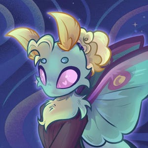 May include: A digital illustration of a whimsical moth-like creature with large pink eyes and feathery antennae. The creature has teal skin, fluffy yellow hair, and iridescent wings with purple accents. The background is a dark blue with streaks and stars.