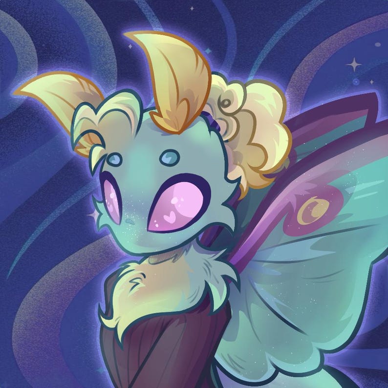 May include: A digital illustration of a whimsical moth-like creature with large pink eyes and feathery antennae. The creature has teal skin, fluffy yellow hair, and iridescent wings with purple accents. The background is a dark blue with streaks and stars.