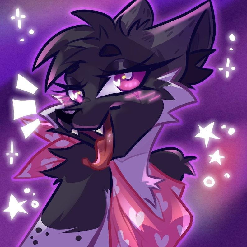 May include: Digital illustration of a black and white anthropomorphic canine with pink eyes and a long red tongue. The canine wears a pink scarf with white hearts. White stars and sparkles are scattered around the character against a purple background.