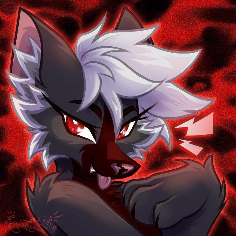May include: Digital artwork of a wolf-like character with dark grey fur, white hair, and red eyes. The character has a red nose and is sticking out its tongue. The background is a textured red.