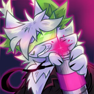 May include: A digital illustration of a cartoon character with white fur, green and white hair, and a black outfit. The character is holding a pink spray can, with pink spray coming from the nozzle. The background is a gradient of dark purple and black.