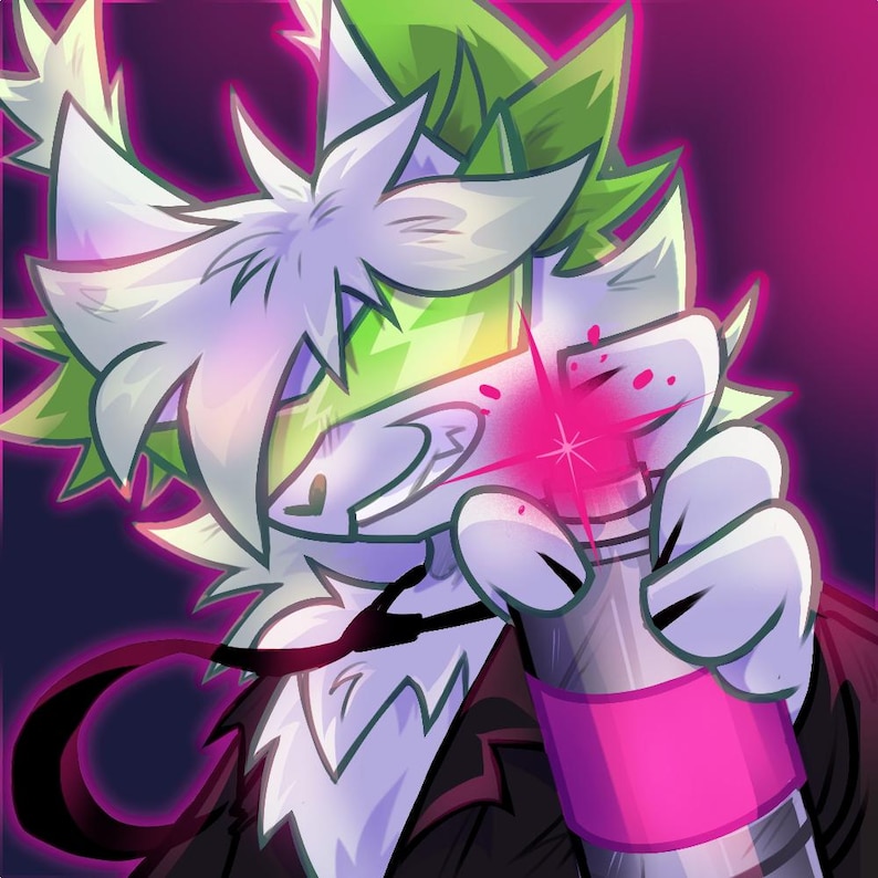 May include: A digital illustration of a cartoon character with white fur, green and white hair, and a black outfit. The character is holding a pink spray can, with pink spray coming from the nozzle. The background is a gradient of dark purple and black.