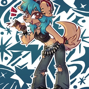 May include: Digital illustration of an anthropomorphic canine character with blue hair, wearing a black crop top with the word "SEX", ripped jeans, and studded boots. The character holds a coffee cup with the word "COFFEE". The background is blue and white.